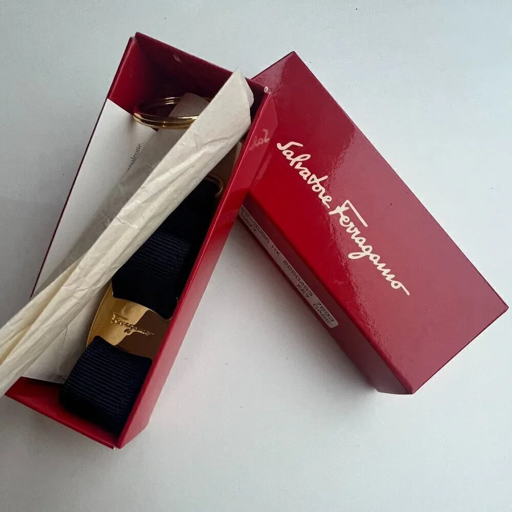 Ferragamo Timeless Vara Bow Key Chain Gift Navy Gold Logo NWOT